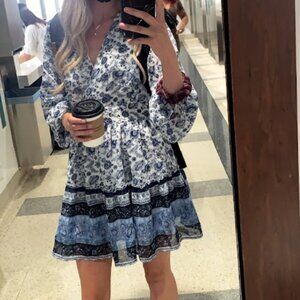 Blue & White China-wear Design Long Sleeve Dress